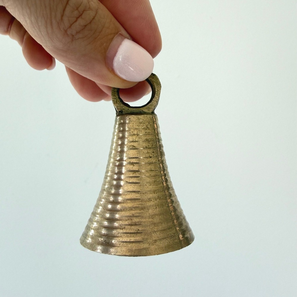 Vintage Ribbed Brass Conical Hand Bell Small Rustic Hanging Chime 2.25 Inch